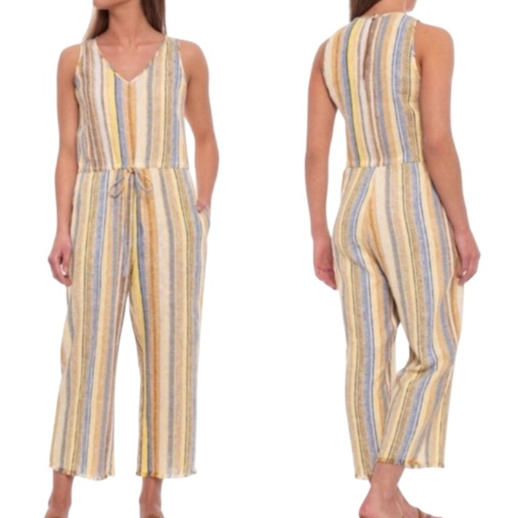 Anthropologie Pants - DREW | ANTHROPOLOGIE Linen Cotton Striped Wide Leg Frayed Hem Jumpsuit Medium